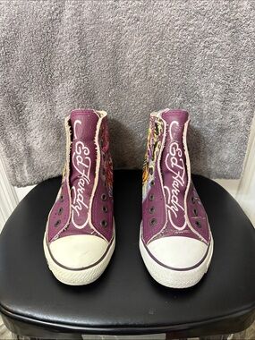 Ed Hardy Y2K Women's Purple Leather High-Top Sneakers with Mermaid Graphics